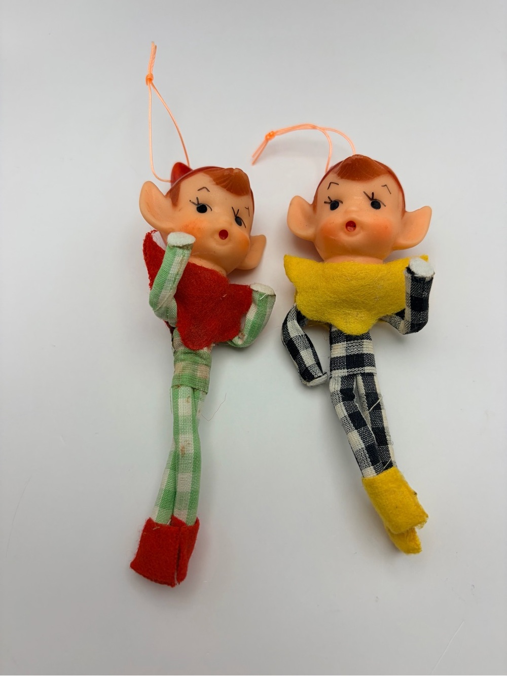 1960s, MCM, Pixie Elf Christmas Ornaments, Checkered Outfits, Japan, 4.25” Tall